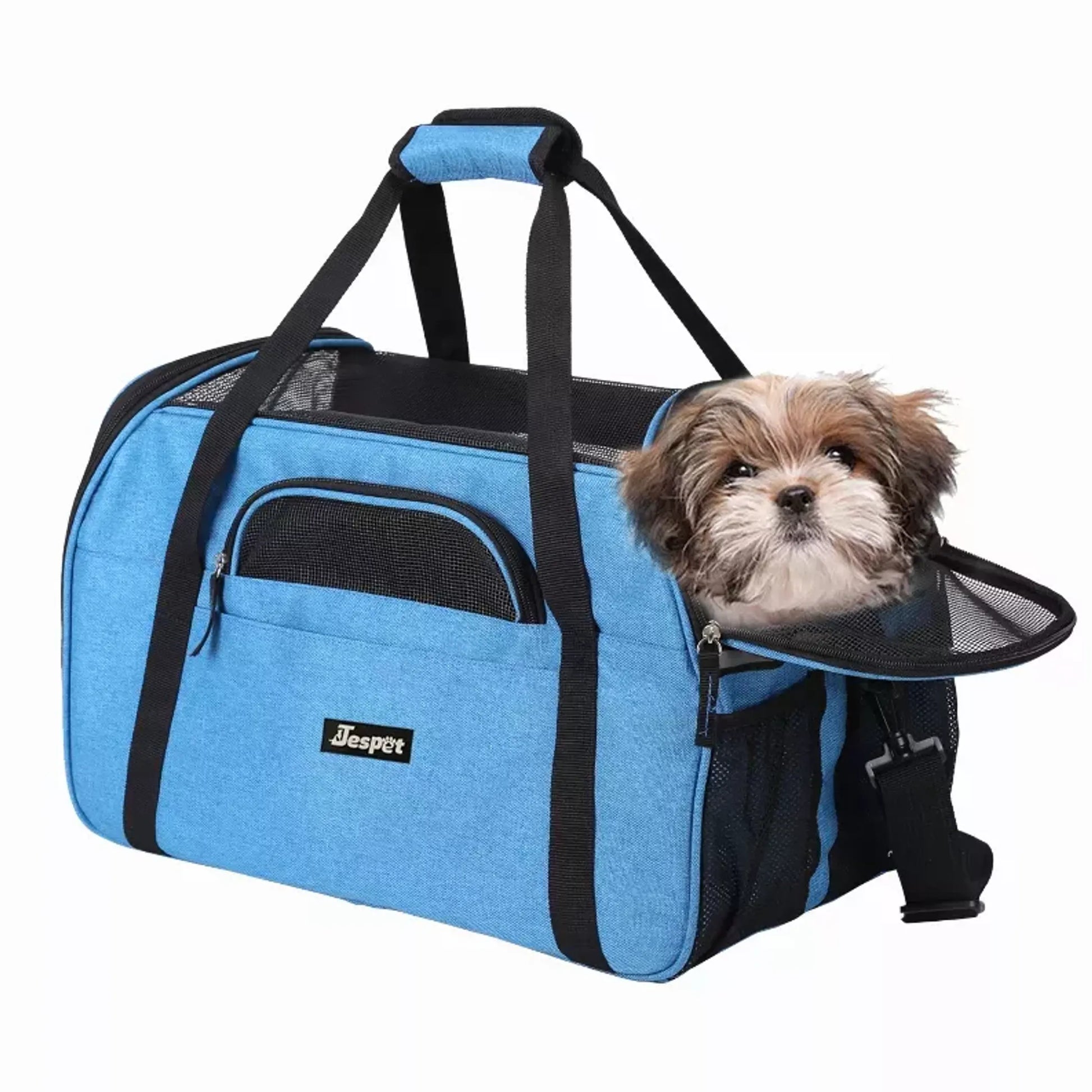 JESPET Soft-Sided Kennel Pet Carrier for Small Dogs, Cats, and Puppies, airline-approved, collapsible design - blue