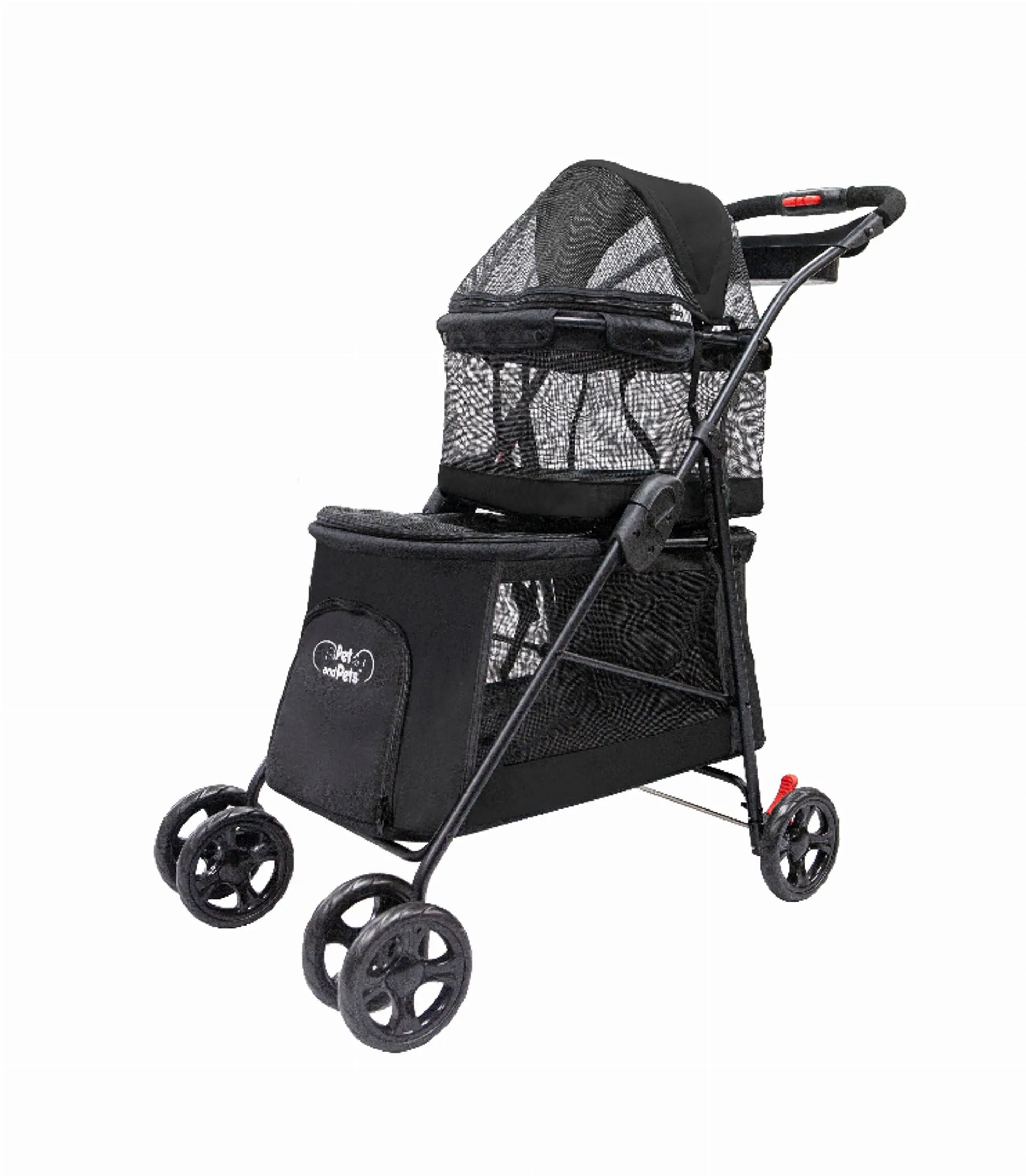 Double Decker Pet Stroller, a multi-level stroller designed to comfortably transport two pets with separate compartments 