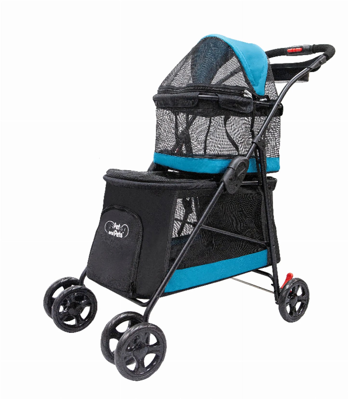 Double Decker Pet Stroller, a multi-level stroller designed to comfortably transport two pets with separate compartments 