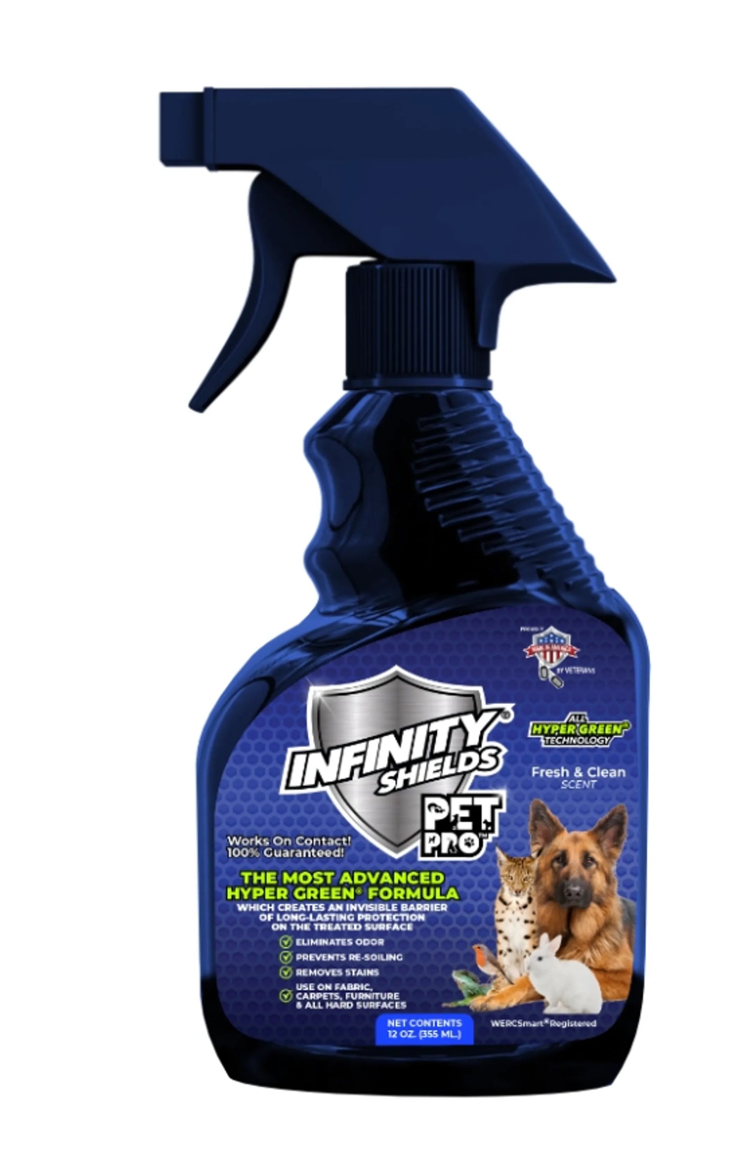 Infinity Shields Pet Pro Odor & Stain Remover - Fresh & Clean, a powerful formula that eliminates odors and stains